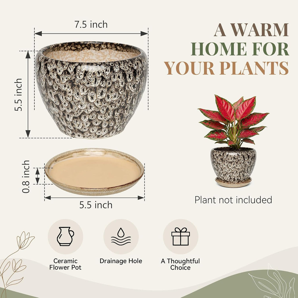 7.5 Inch Ceramic Plant Pot with Drainage Hole Mesh Net,Modern Gardening Pots for Indoor Plants with Saucer, Speckle