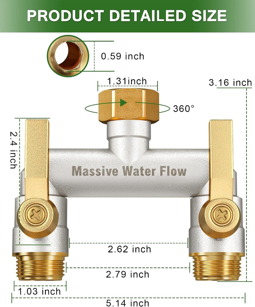 Hose Splitter 2 Way Heavy Duty, Full Flow Solid Brass Nickel Plated Garden Hose Splitter, Spigot Splitter Valve with