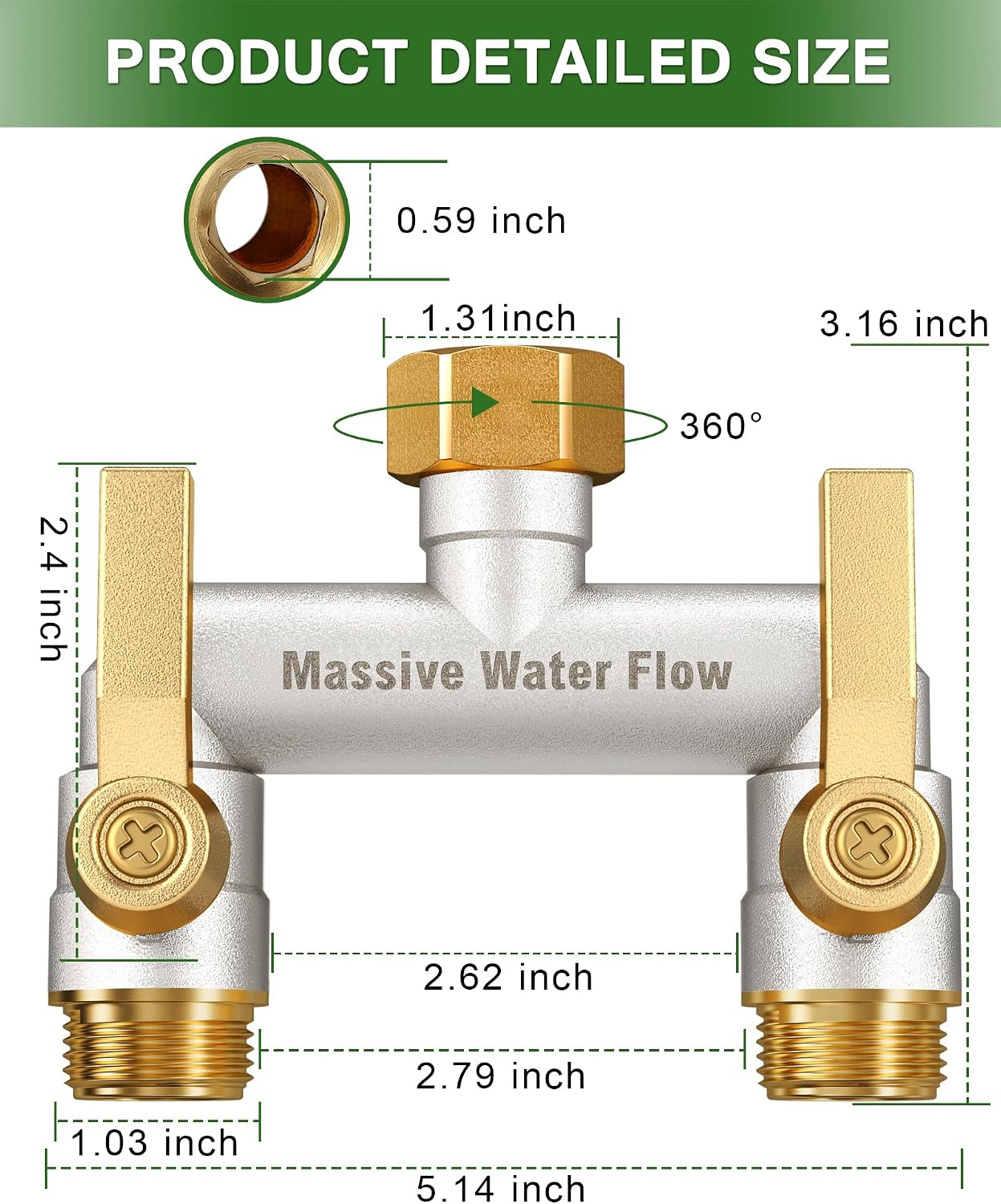 Hose Splitter 2 Way Heavy Duty, Full Flow Solid Brass Nickel Plated Garden Hose Splitter, Spigot Splitter Valve with