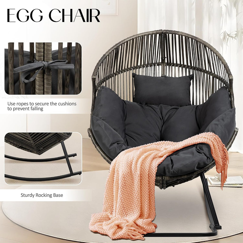 Egg Chair Rocking Chairs, Wicker Patio Chair Oversized Lounger Chair with Cushion for Indoor Living Room Bedroom