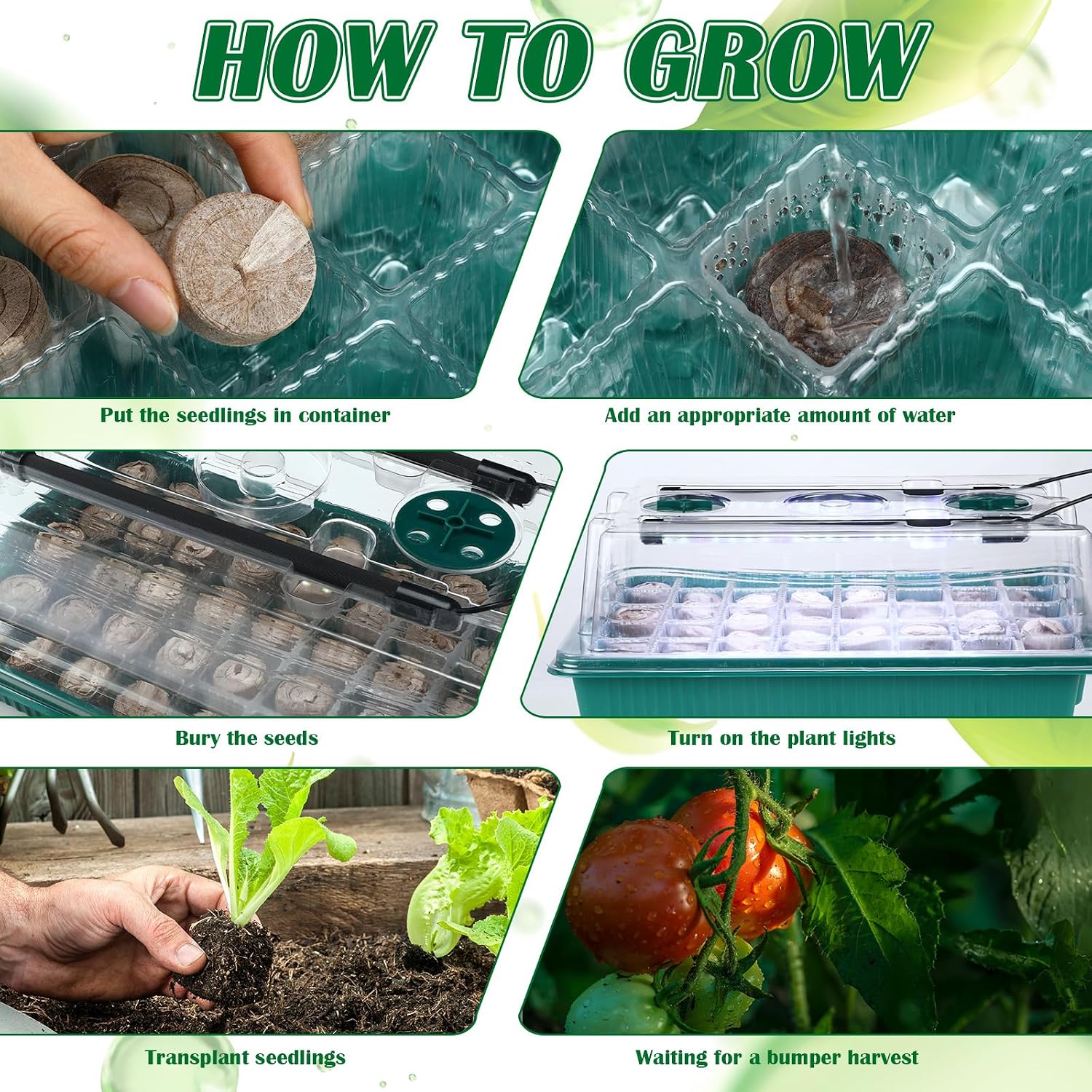 FillTouch 2 Packs 80 Cells Seed Starter Trays Kit with 4 Grow Light Seed Starter Kit Seedling Starter Trays with