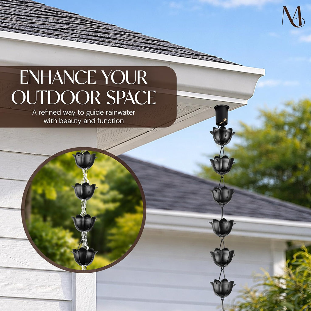 Monarch Rain Chains Aluminum Lotus Black Rain Chains for Gutters – 8.5 ft Black Decorative Rainchain Outdoor Durable