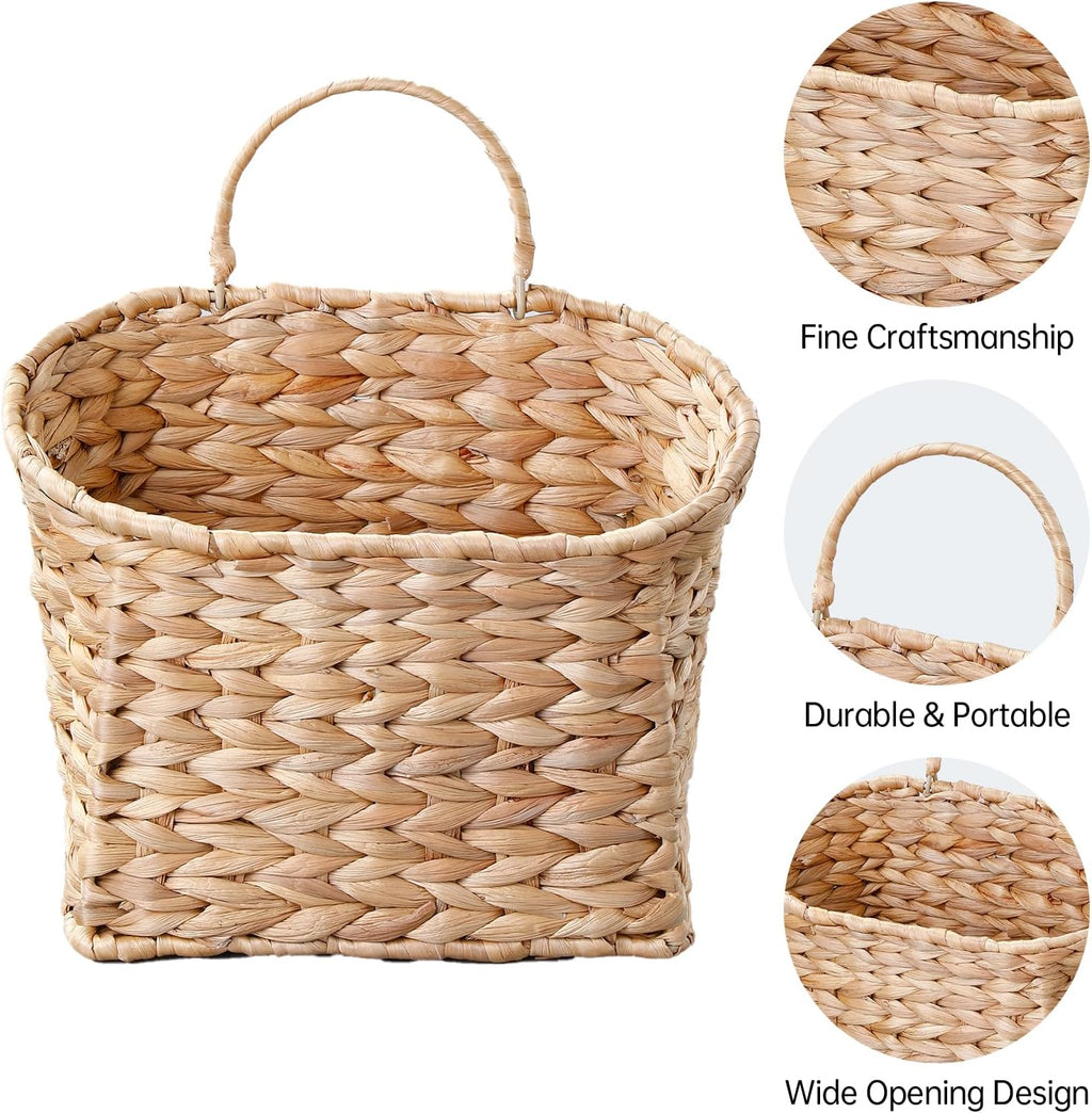 Coeusy Set of 2 Hanging Basket, Wicker Wall Basket for Door,Mail,Flower,Planters, Natural Water Hyacinth Storage Basket
