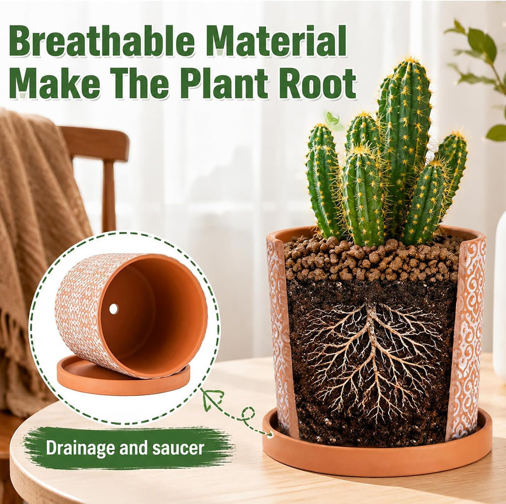 Frcctre 2 Pack Terracotta Pots for Plants, 5 Inch Succulent Planter Pot with Drainage Hole and Saucer, Clay Pottery