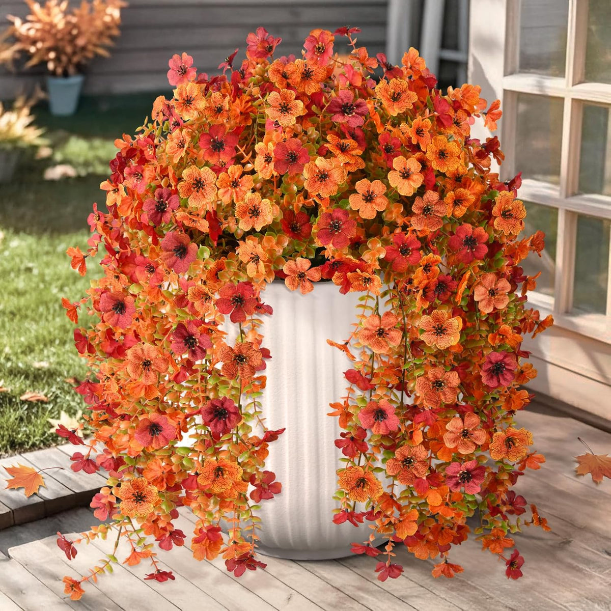 24 Pcs Artificial Mums Flowers for Outdoor, UV Resistant Fake fall Chrysanthemums Marigold Plant, Autumn Floral Arrangements for Outside, Garden, Yard (24, Orange, Burnt Orange, Red, Burgundy)