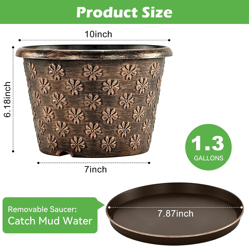 10 Inch Planter Pots for Plants, 4 Pack Plastic Large Flower Pots Indoor Outdoor, Resin Plant Pot with Drainage &