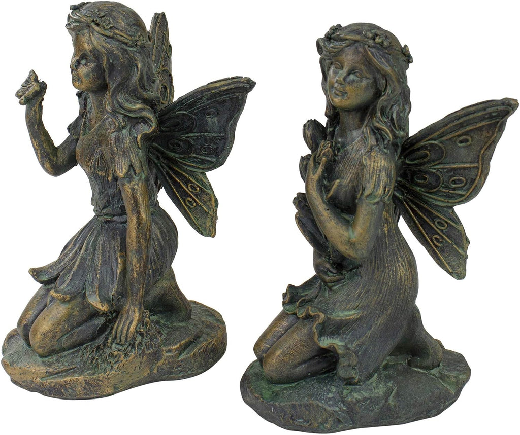 Northlight 2 Bronze Kneeling Fairies Flowers Butterfly Garden Statues 7"