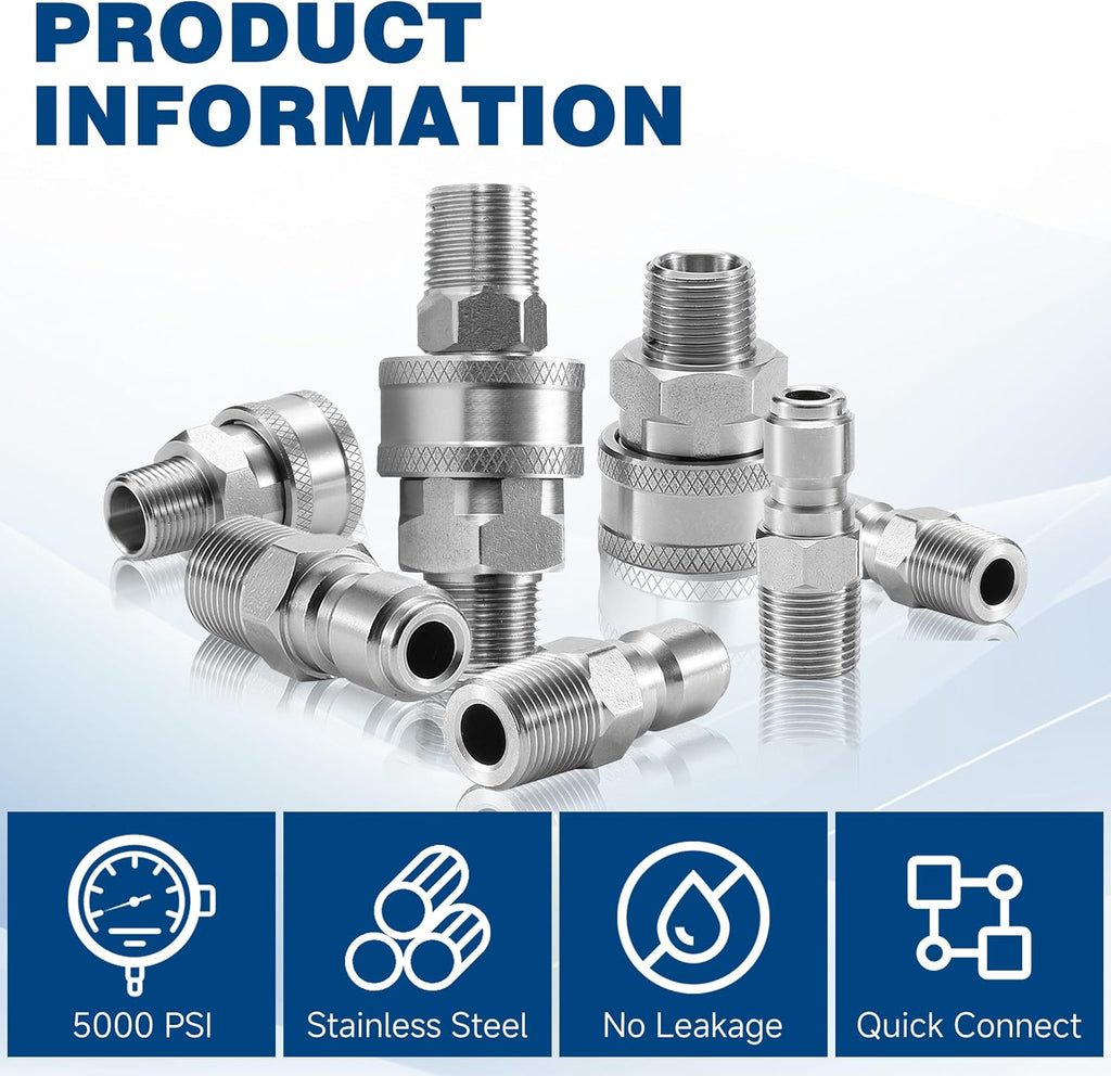 3/8 Inch NPT Pressure Washer Quick Connect Adapter Set, 12-Piece | Stainless Steel Male Thread Fittings for Compatible