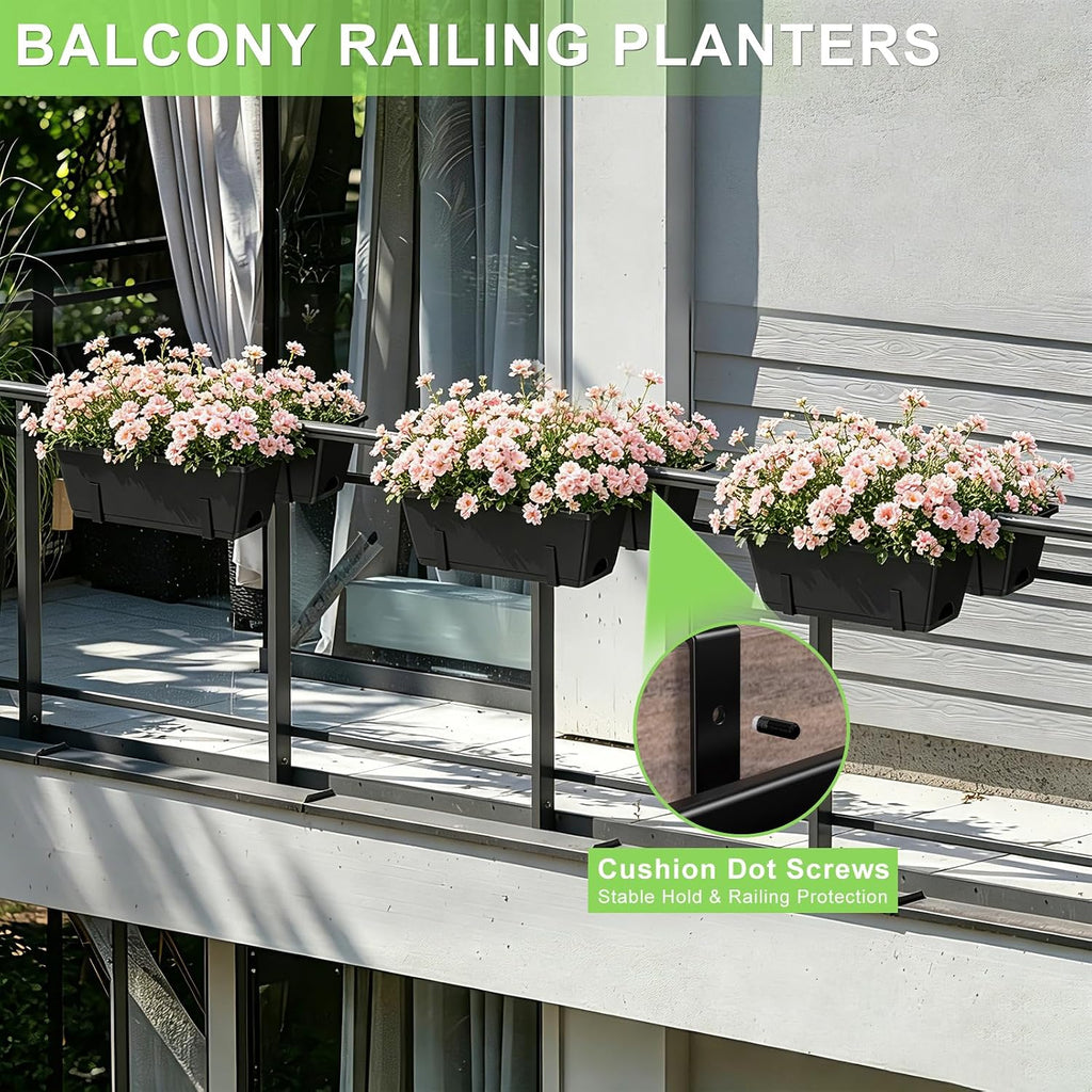 Railing Planter Box Adjustable Window Boxes Planters Set of 2, Black | Hanging Balcony Planters with Removable Bracket