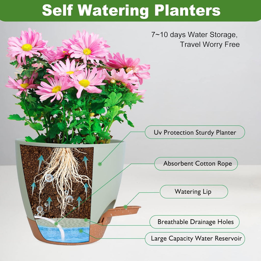 Vanslogreen Planters for Indoor Plants, 8/7/6.5/6/5.5/5 Inch Self Watering Planters with Drainage Hole, Plastic