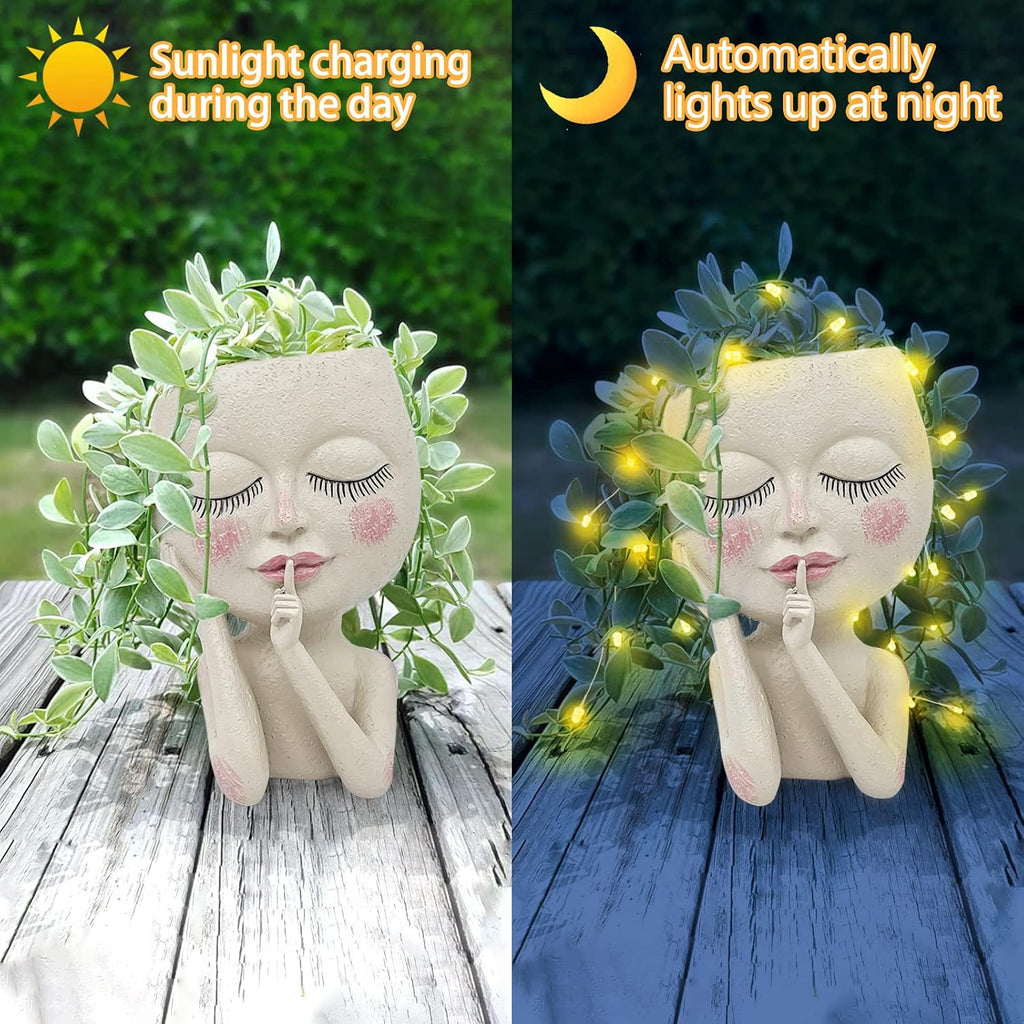 Cute Face Head Planter Pot With Solar Led String Lights & Drainage Hole | Warterproof, Long Lasting Resin Material