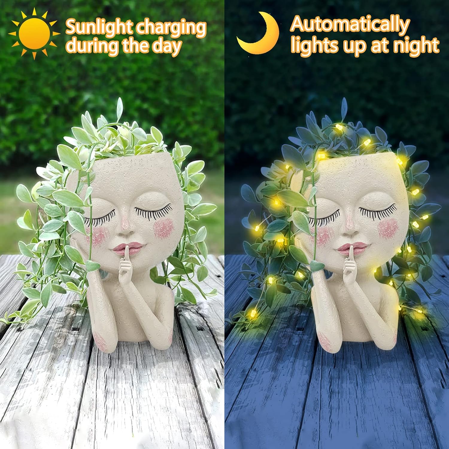 Cute Face Head Planter Pot With Solar Led String Lights & Drainage Hole | Warterproof, Long Lasting Resin Material