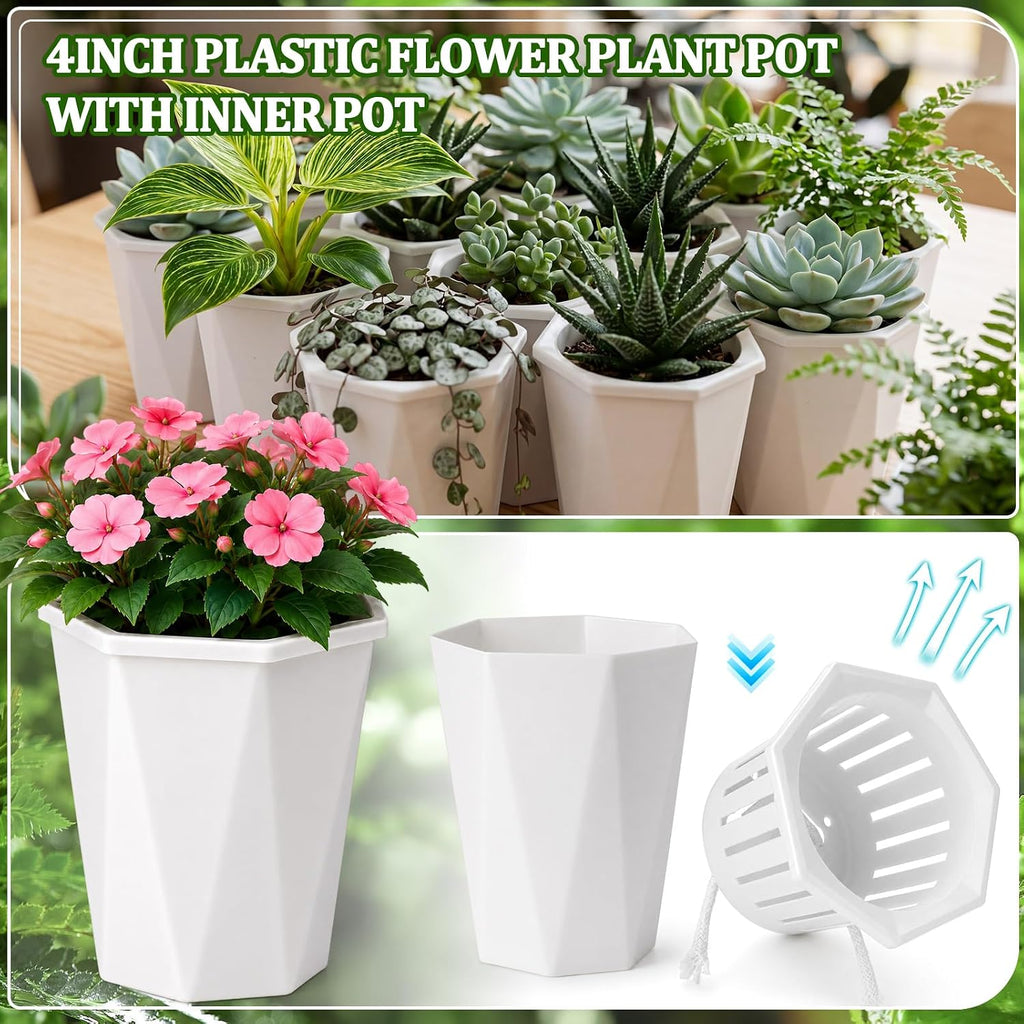 24 Pcs 4" Self Watering Pots for Indoor Plants Plastic Mini Self Water Pots Bulk White Small Flower Planter with Inner