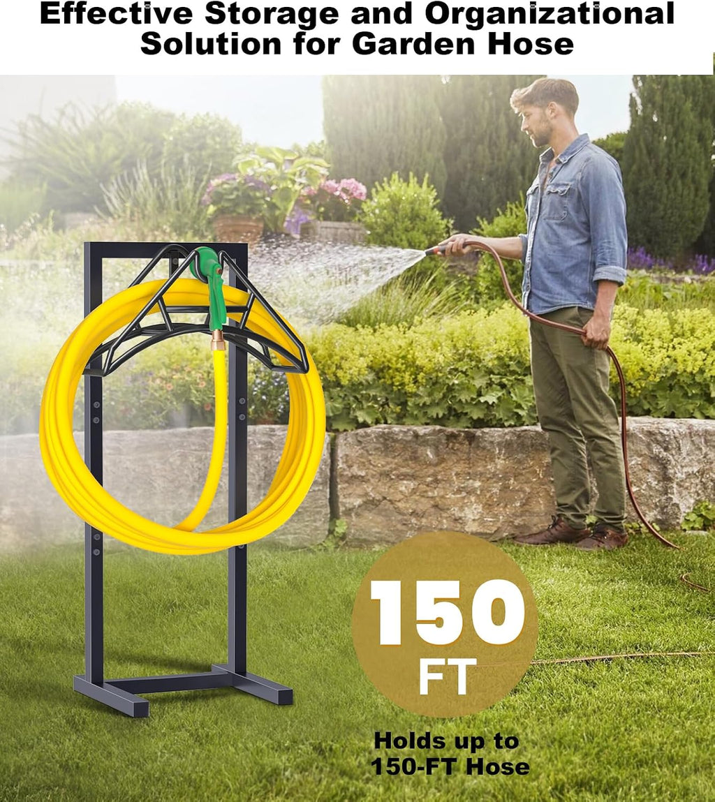 Outdoor Garden Hose Holder Freestanding with 4 Spikes, Heavy Duty Metal Water Hose Reel Stand Hanger Rack Organizer