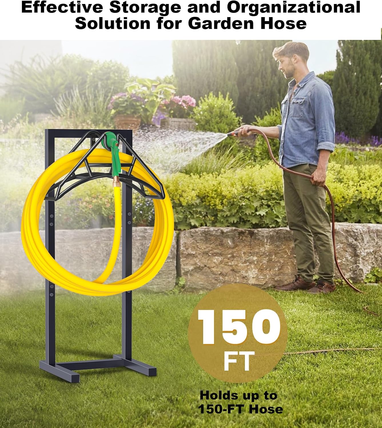 Outdoor Garden Hose Holder Freestanding with 4 Spikes, Heavy Duty Metal Water Hose Reel Stand Hanger Rack Organizer