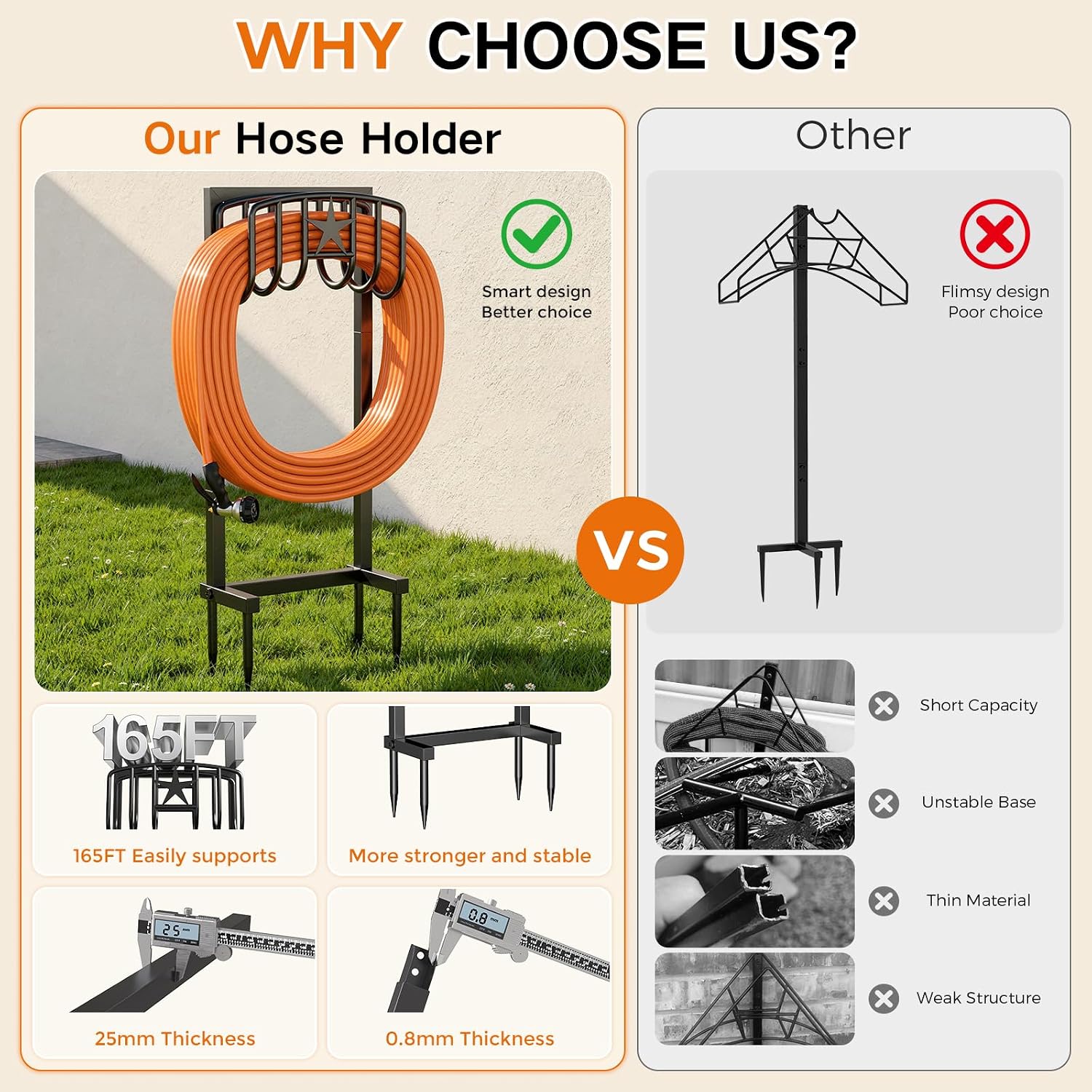 Garden Hose Holder, Heavy Duty Freestanding Metal Stand, 165FT Garden Hose Storage with 4-Spike Stable Base, Rustproof