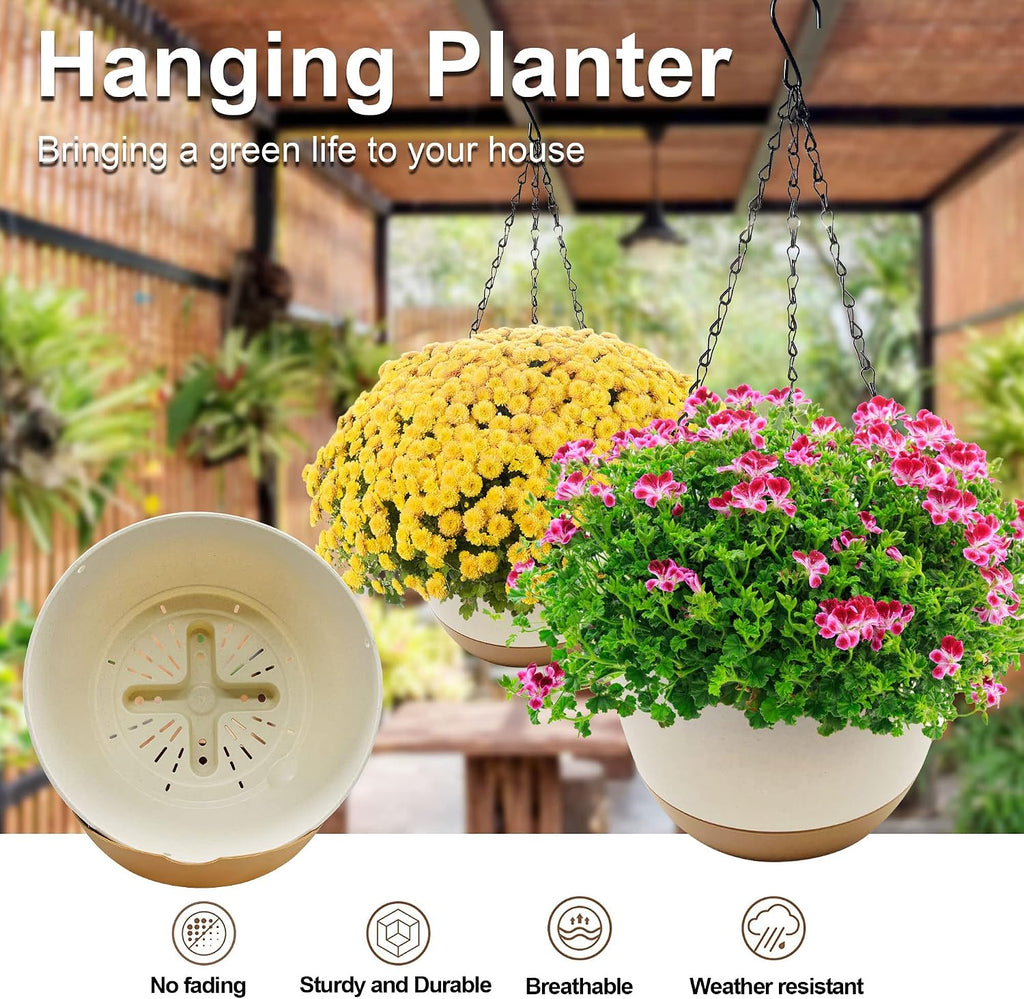 2 Pack Hanging Planters for Outdoor Indoor Plants, 10 Inch Plastic Outdoor Hanging Planter, Hanging Flower Pots for