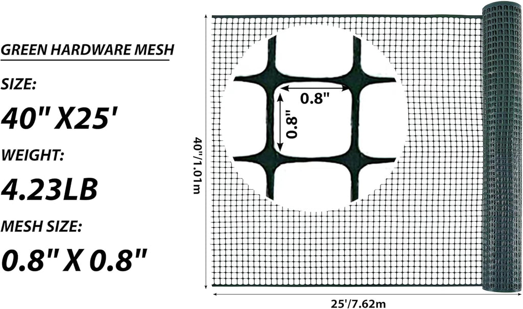 Green Plastic Garden Fence, Hardware Mesh, 40'' x 25' | Reusable HDPE Fence for Landscape, Tree Guards, Balcony, Deck &