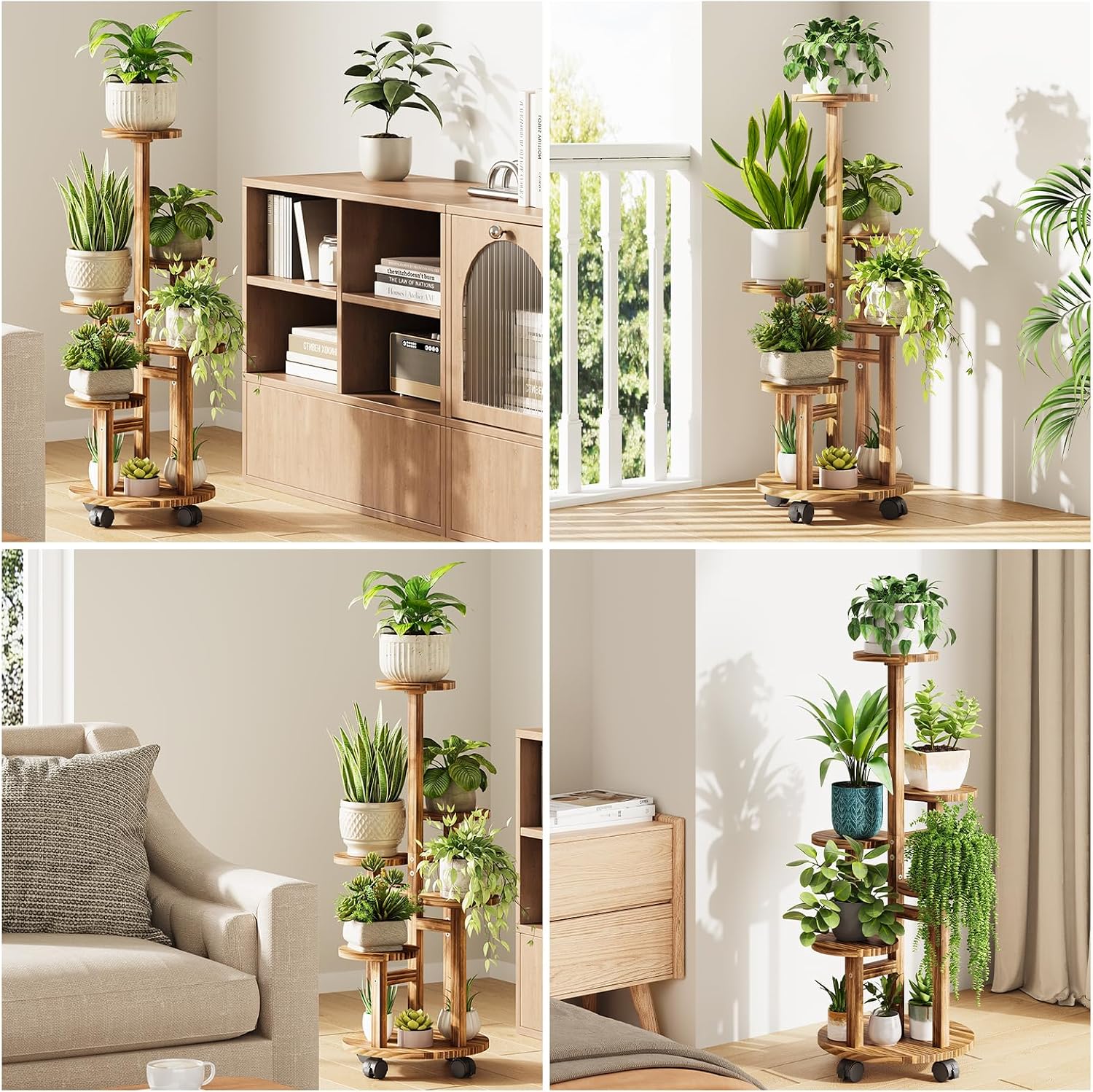 5 Tier Plant Stand - Wood Corner Plant Stand Indoor with 4 Wheels, Tall Plant Shelf for Multiple Pot Flower Stands