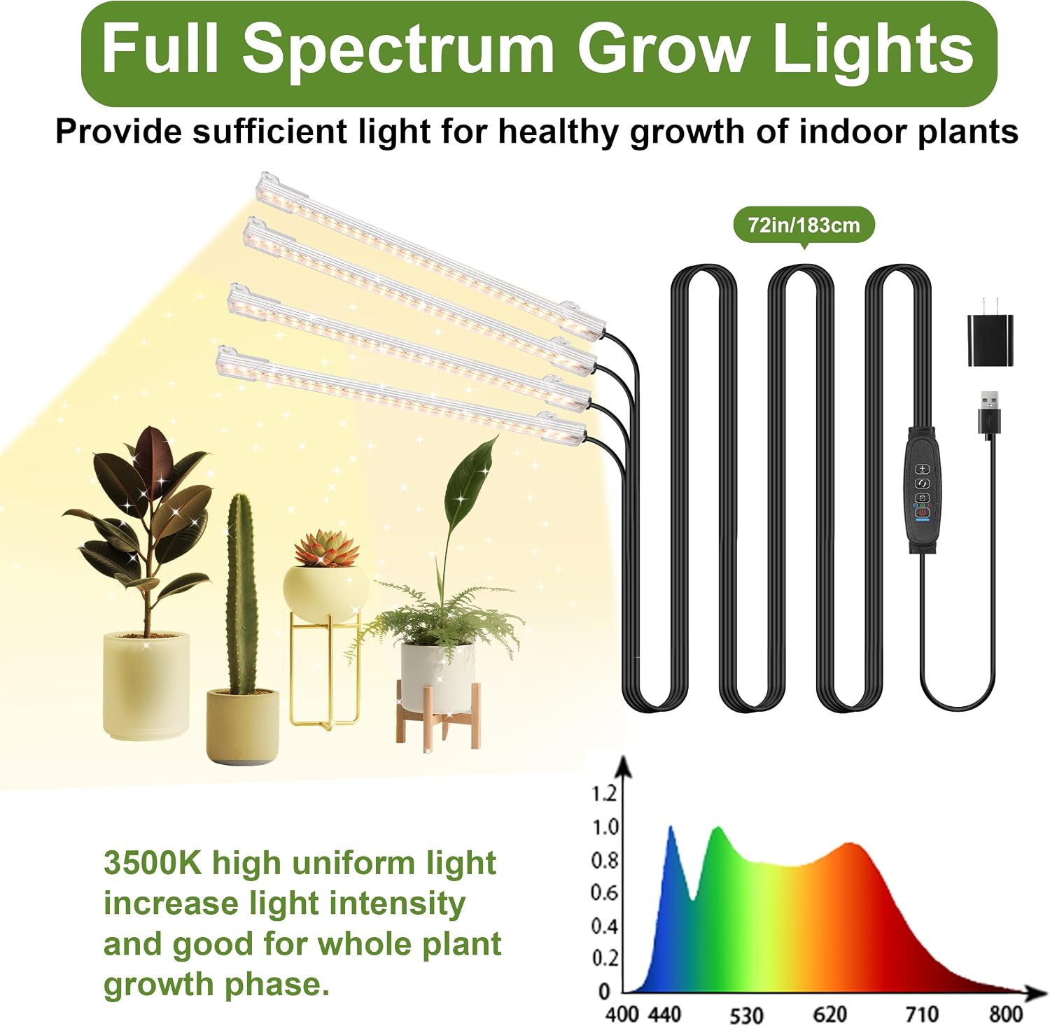8.6'' LED Grow Light Strips, Full Spectrum 3500K Grow Lights for Indoor Plants, 4 Head with 3/9/12H Timer, 10 Dimmable