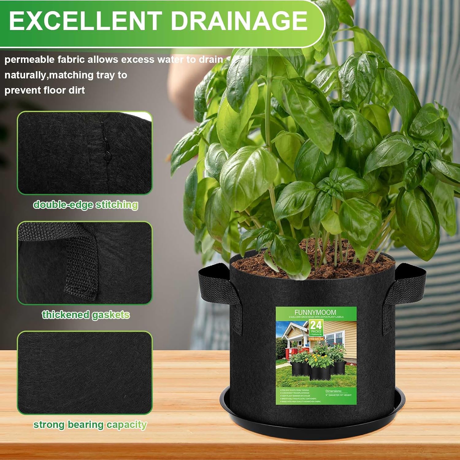 Funnymoom 24 Sets 2 Gallon Grow Bag with Plant Saucers, Durable Aeration Fabric Pots with Handles Black Drainage