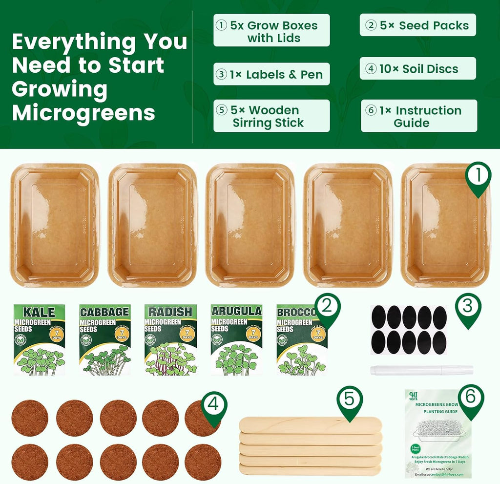 Microgreens Growing Kit Indoor Garden - Complete Micro Greens Growing Kits with 5 Seed Packs - Grow Broccoli, Arugula