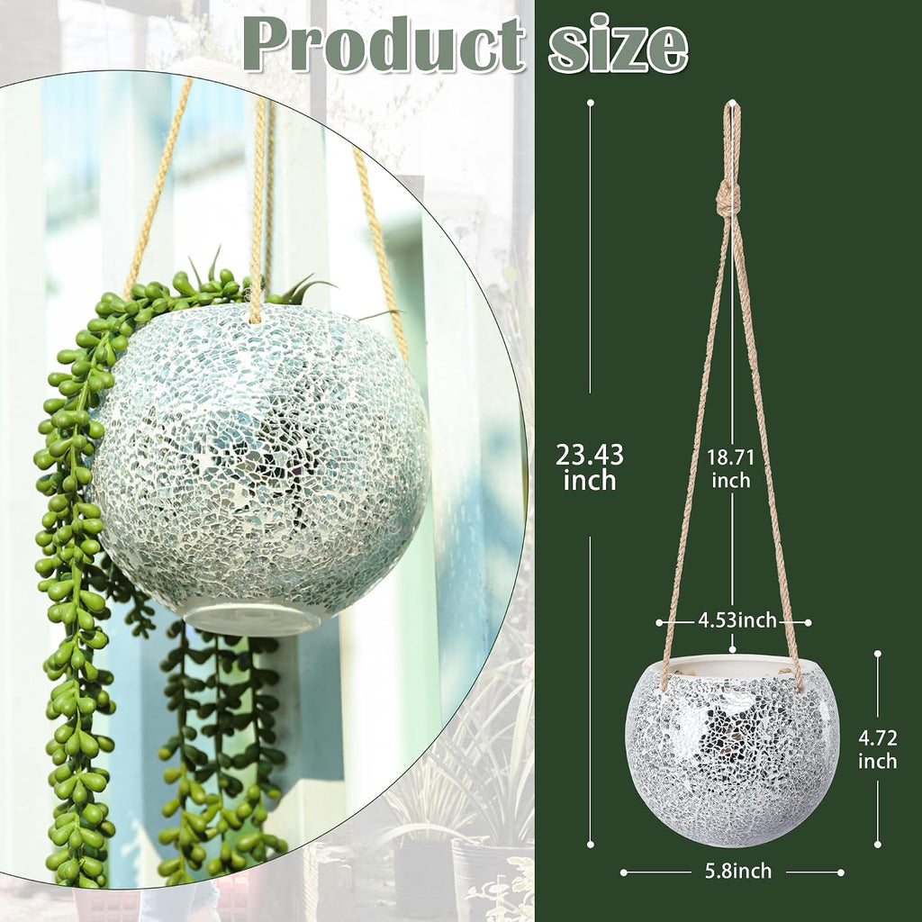 Ceramic Hanging Planter, Silver Small Flower Plant Pot Indoor Decor | Handmade Mosaic Disco Ball Design, with Drainage