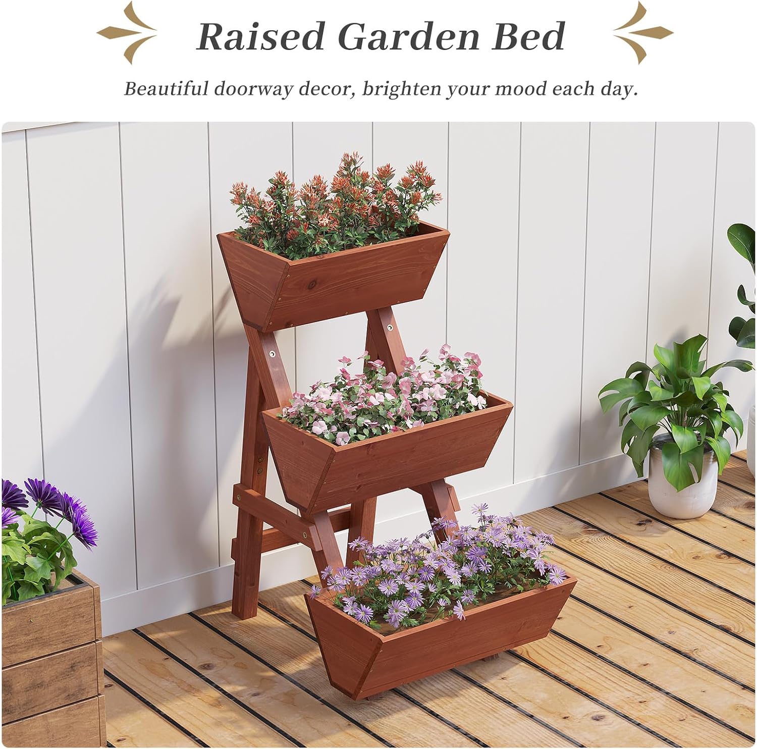 Kitsanery 3-Tiers Wooden Raised Garden Bed,Wood Planter Box for Vegetable,Flower Rack,Flower Pot Stands,Indoor Outdoor