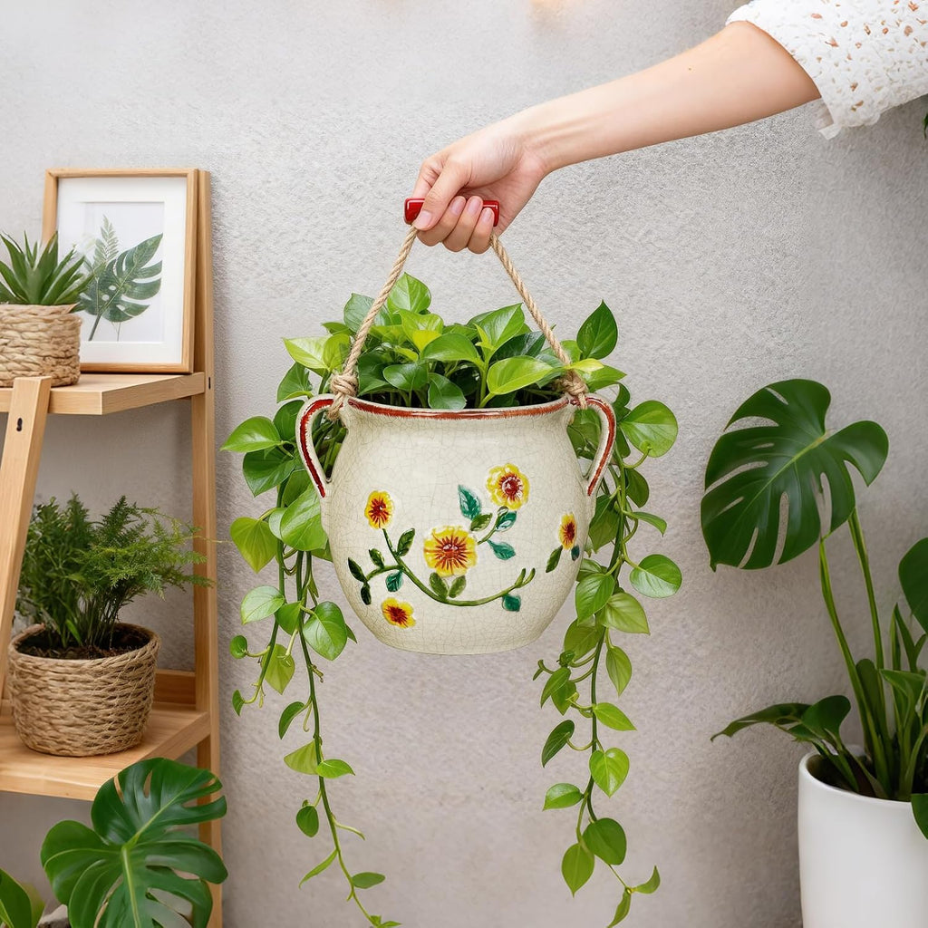 EFISPSS 6 Inch Vintage Ceramic Flower Pot with Relief Design & Handles,Ceramic Cracked Flower Pot with Drainage Hole