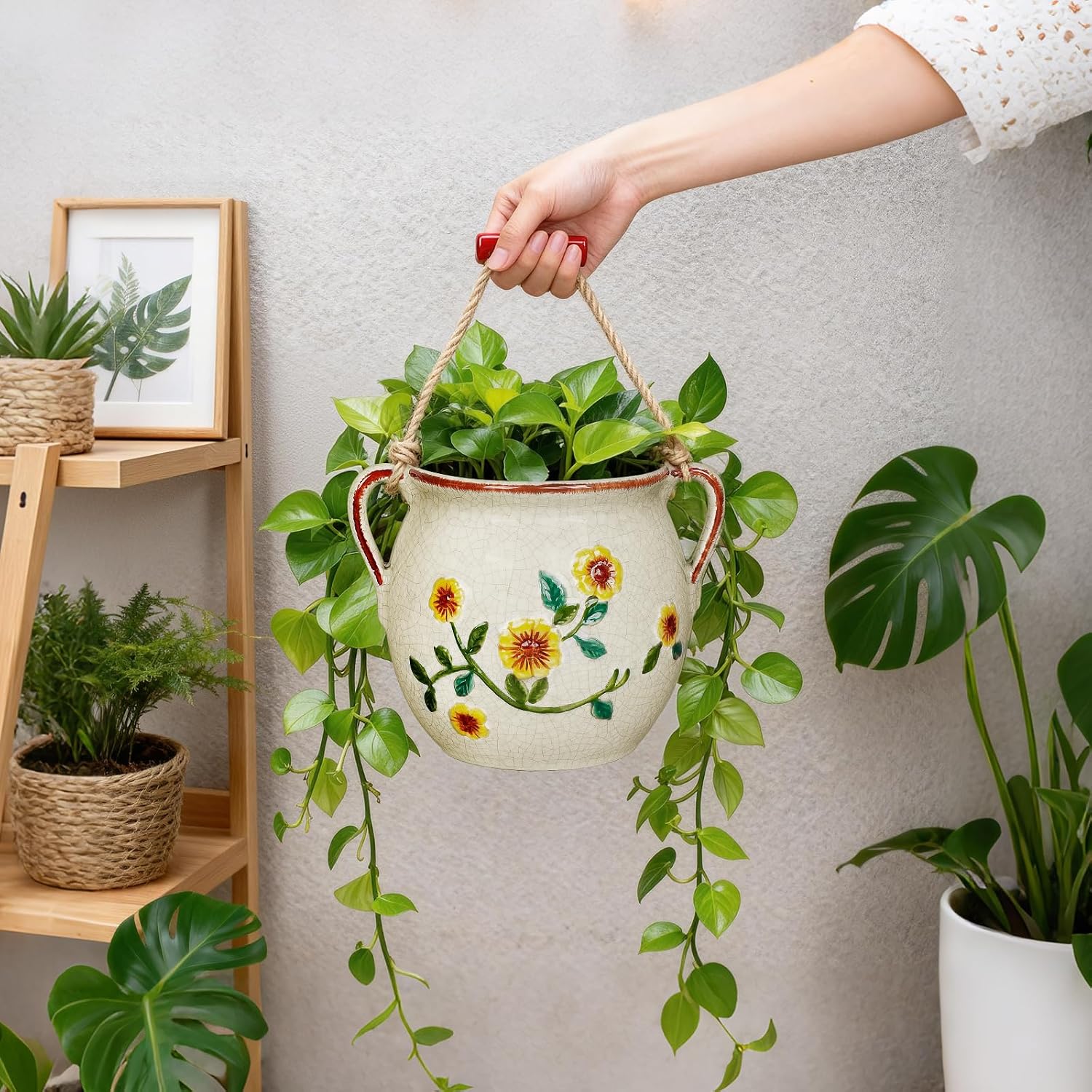 EFISPSS 6 Inch Vintage Ceramic Flower Pot with Relief Design & Handles,Ceramic Cracked Flower Pot with Drainage Hole