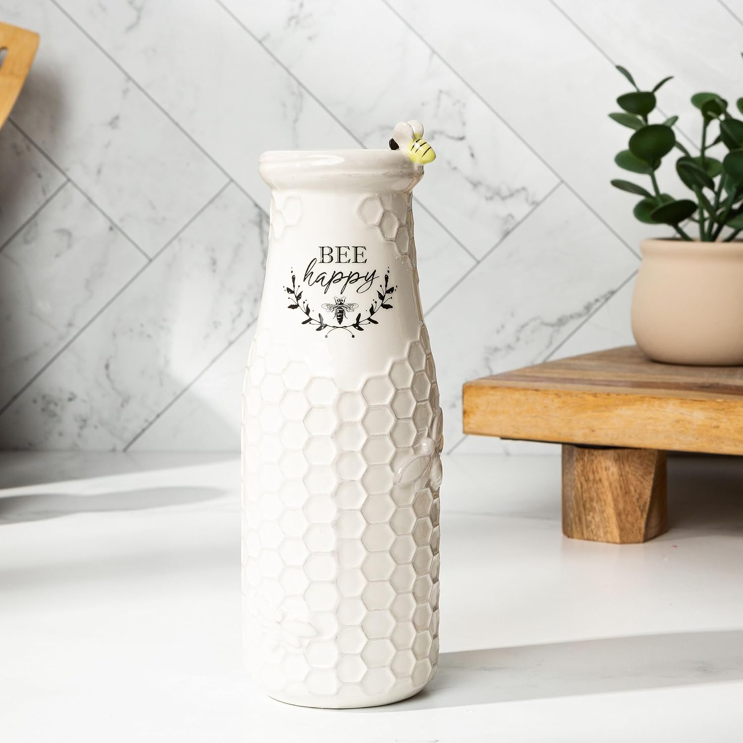 Young's Inc Ceramic Bee Flower Vase, Rustic Farmhouse Honey Bee Vase for Fresh & Faux Flowers, Bee Happy Floral