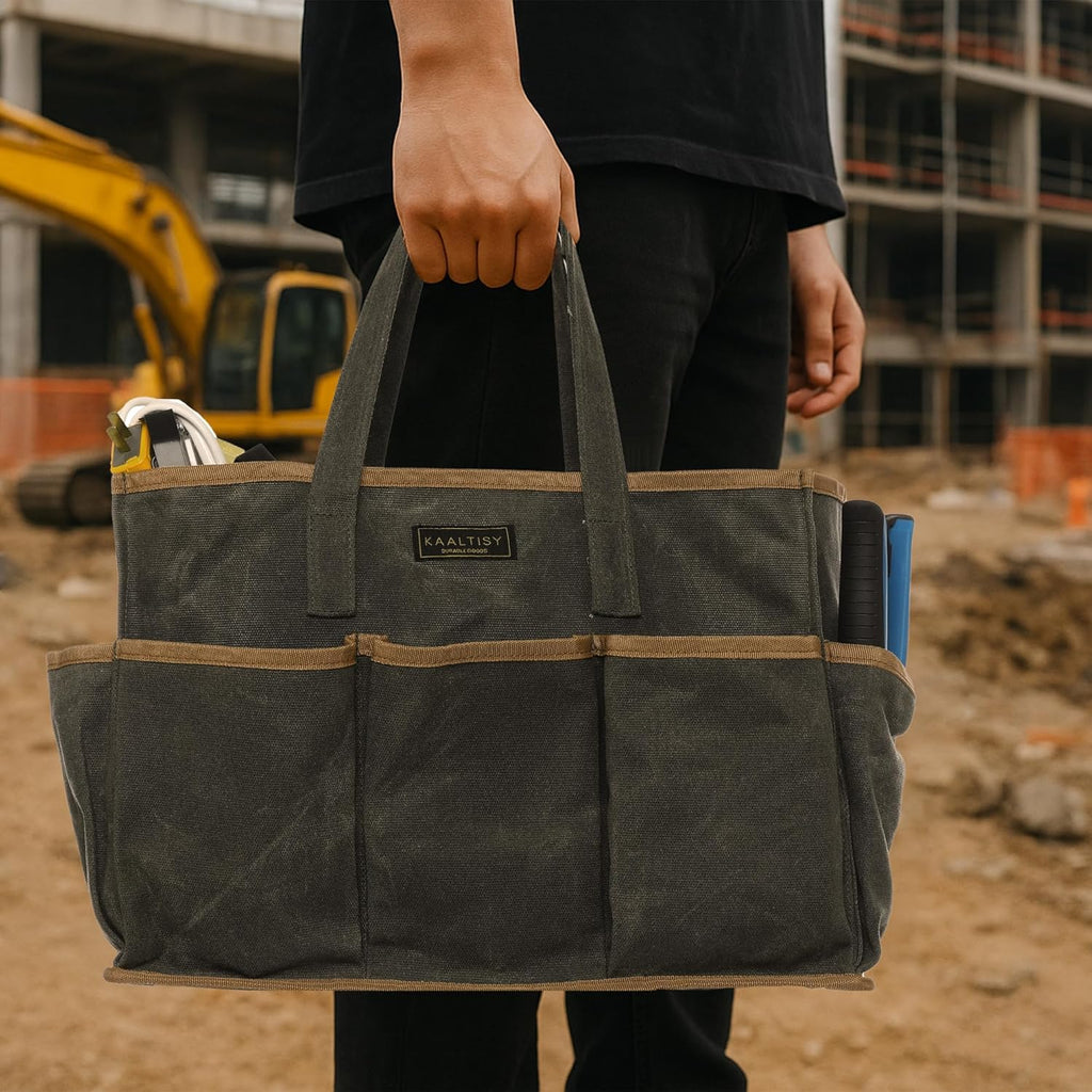 Tool Tote Bag, Heavy Duty 16oz Waxed Canvas Garden Tool Bag | Portable 11-Pocket Tool Storage Bag for Gardener