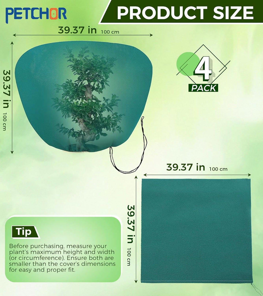 4PCS Winter Plant Covers Freeze Protection for Outdoor Plant 39x39″ | Frost Blankets Cloths with Drawstrings, Shrubs