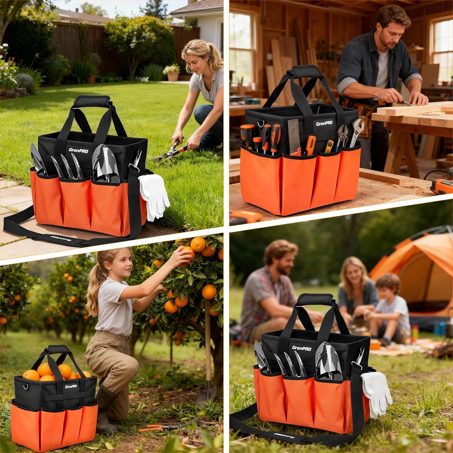 GRENPRO Garden Tool Bag, 10 Pockets, Adjustable Shoulder Strap, Orange | Heavy-duty gardening organizer tote stands