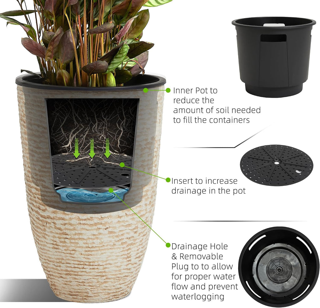 Worth Garden 21" H Beige Tall Planters set of 2 with Inside Pots - 14'' Dia Plastic Large Round Plant Tree Pots with