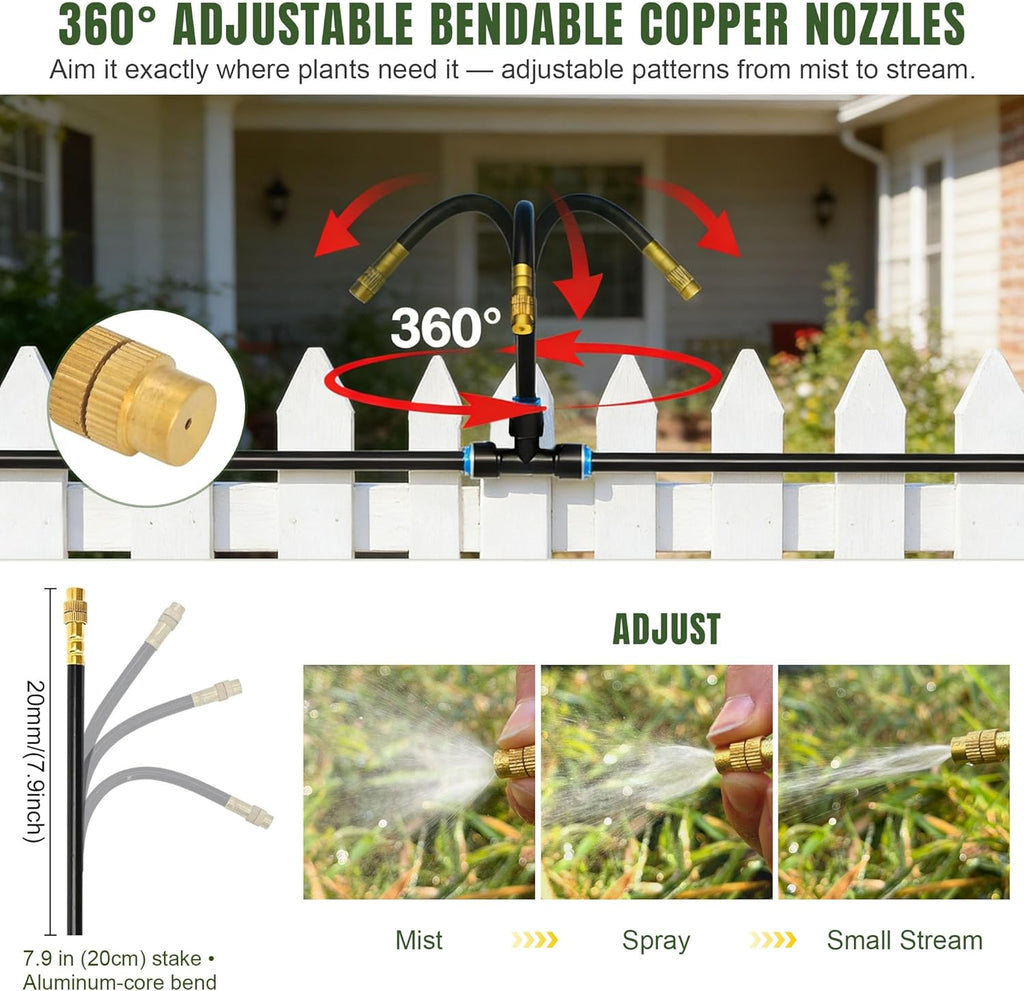 100FT Drip Irrigation System Kit Dual-Zone Garden Atomizing Watering System with 30 Copper 360° Adjustable Bendable