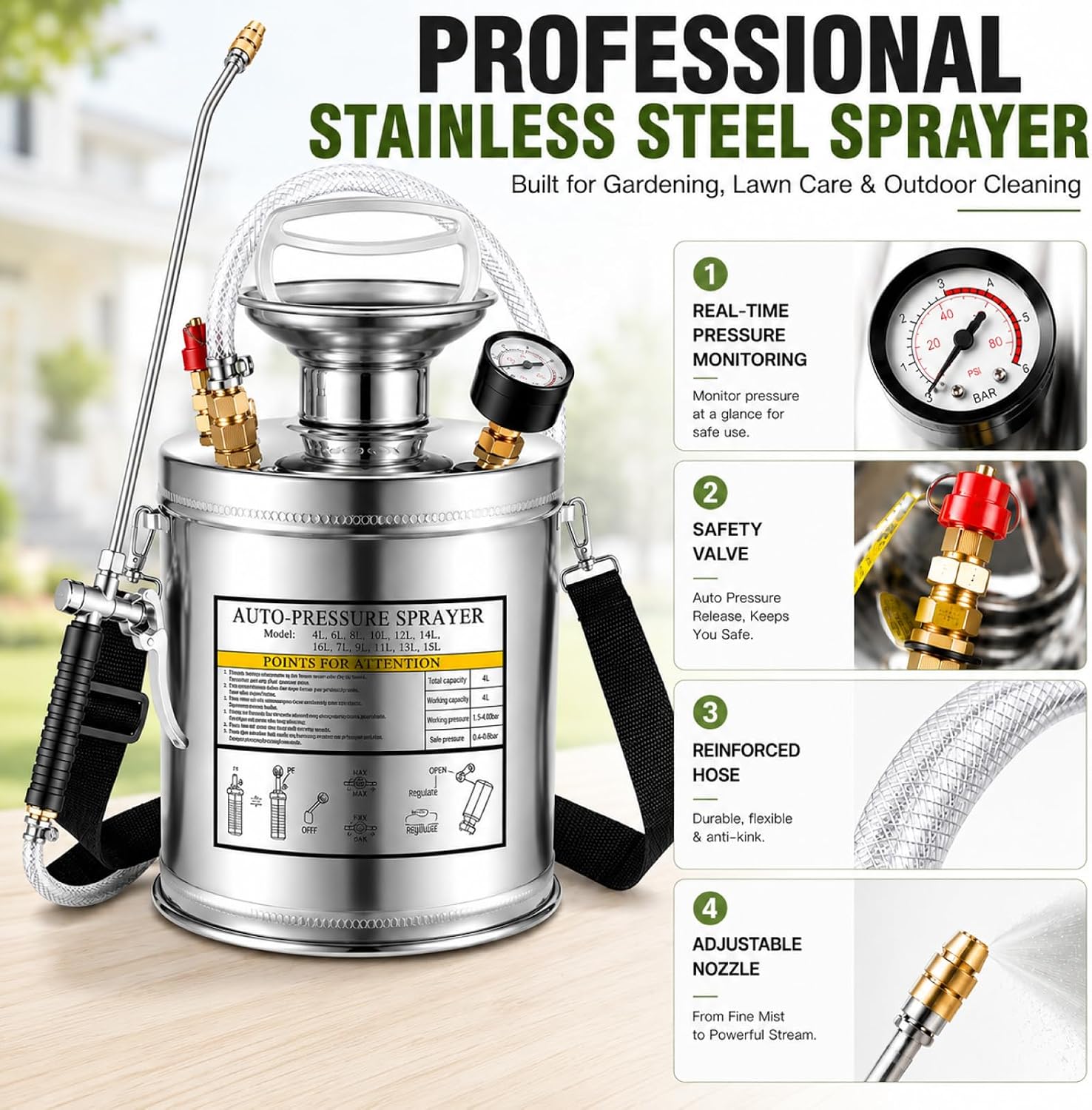 1Gal Stainless Steel Pump Up Sprayer Reinforced Hose, Hand Pump Sprayer with Pressure Gauge&Safety Valve, Adjustable