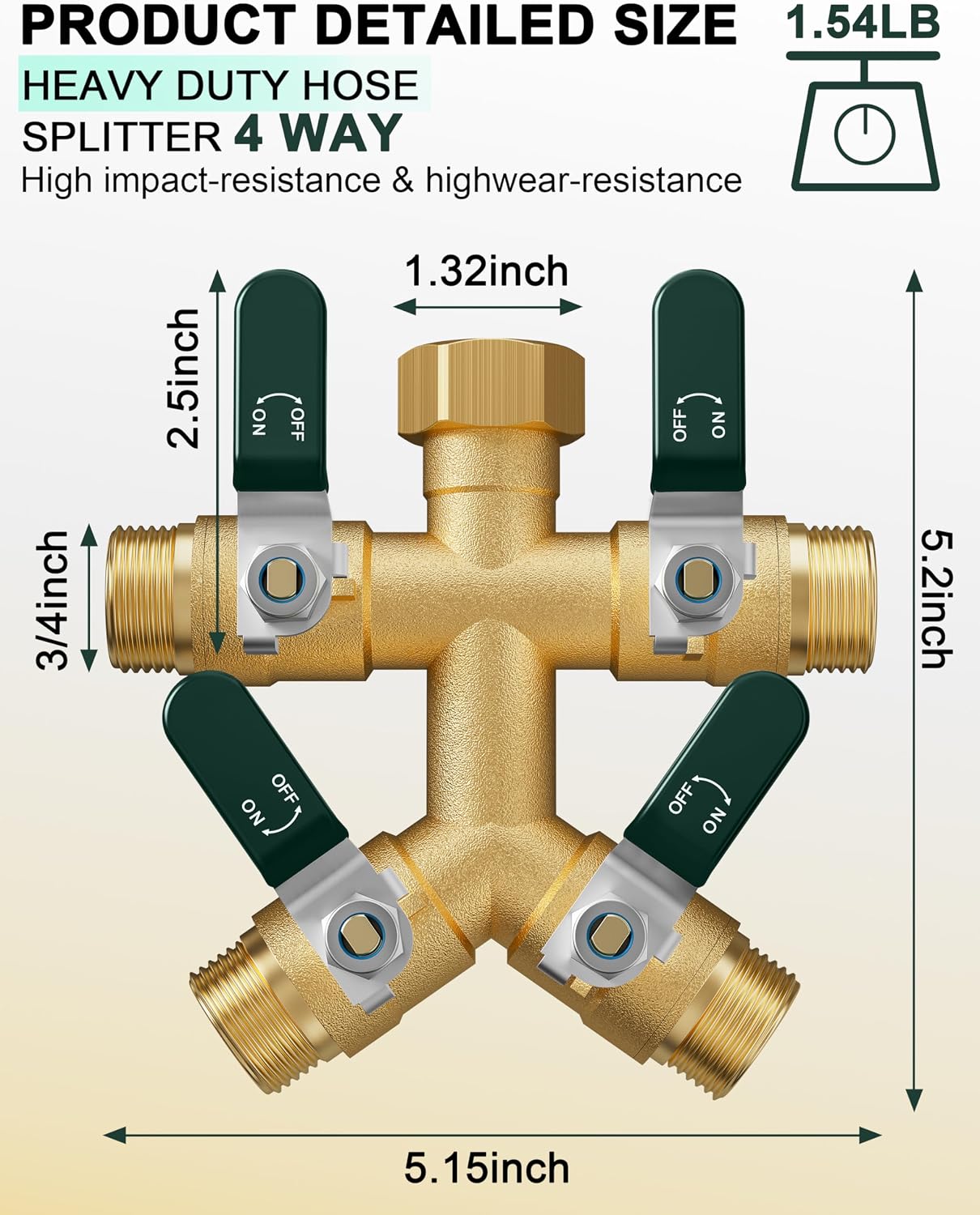 EBH Garden Hose Splitter 4 Way, Heavy Duty Solid Brass Hose Splitter with Shutoff Valves, Water Spigot Splitter With