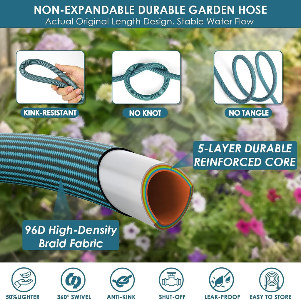 50ft Non-Expanding Garden Hose with 360° Swivel & Valve, Blue | Lightweight, Anti-Kink, Flexible & Leakproof Design