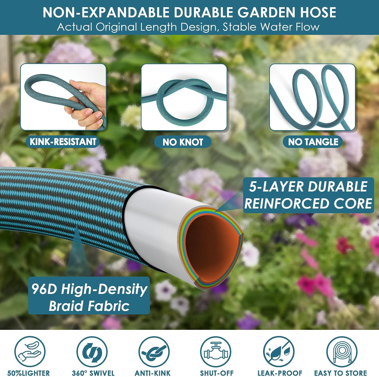 50ft Non-Expanding Garden Hose with 360° Swivel & Valve, Blue | Lightweight, Anti-Kink, Flexible & Leakproof Design