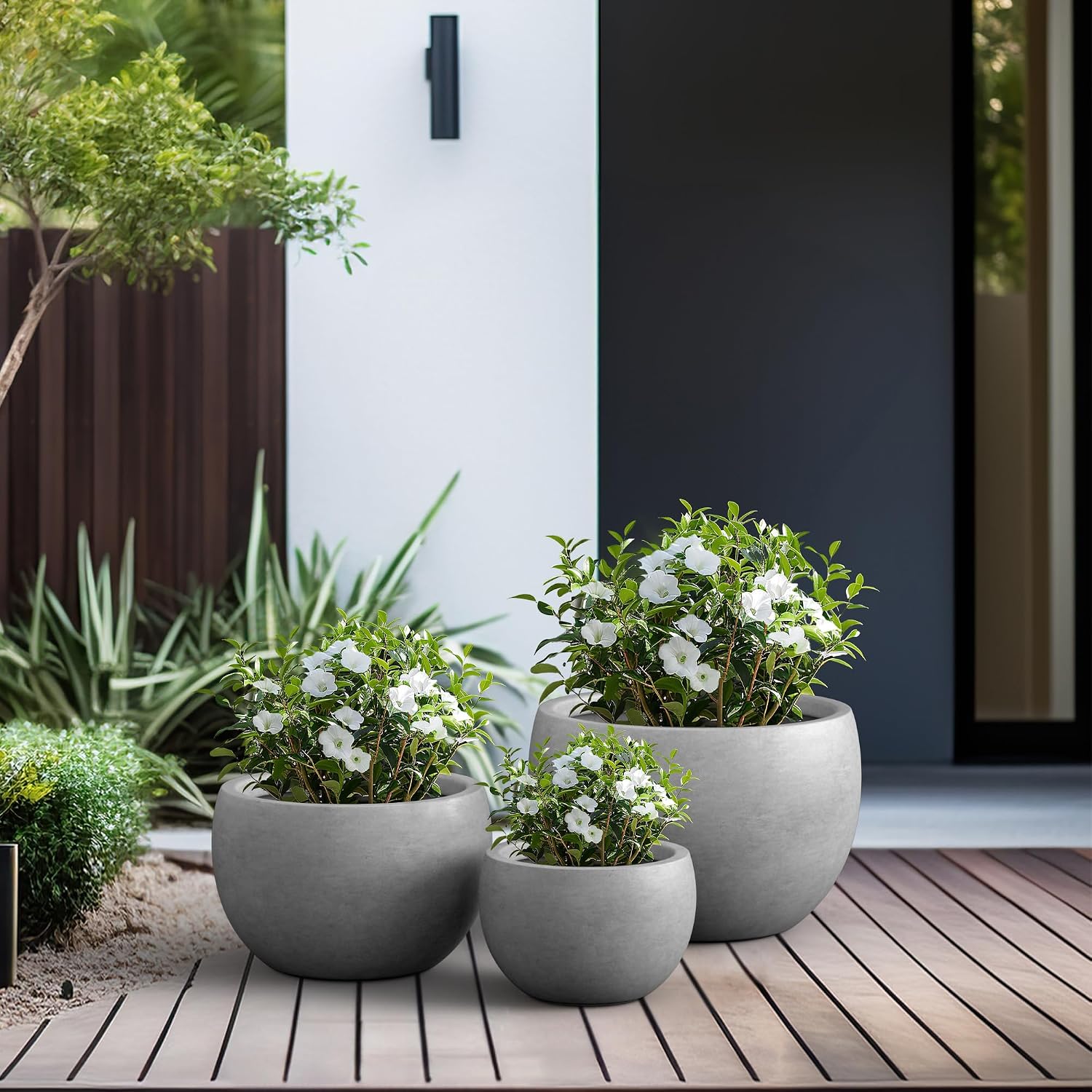 Kante Set of 3 Pale Gray Concrete Bowl Planters 20" 15.7" 11.8" Dia | Drainage for Outdoor, Rubber Plug for Indoor