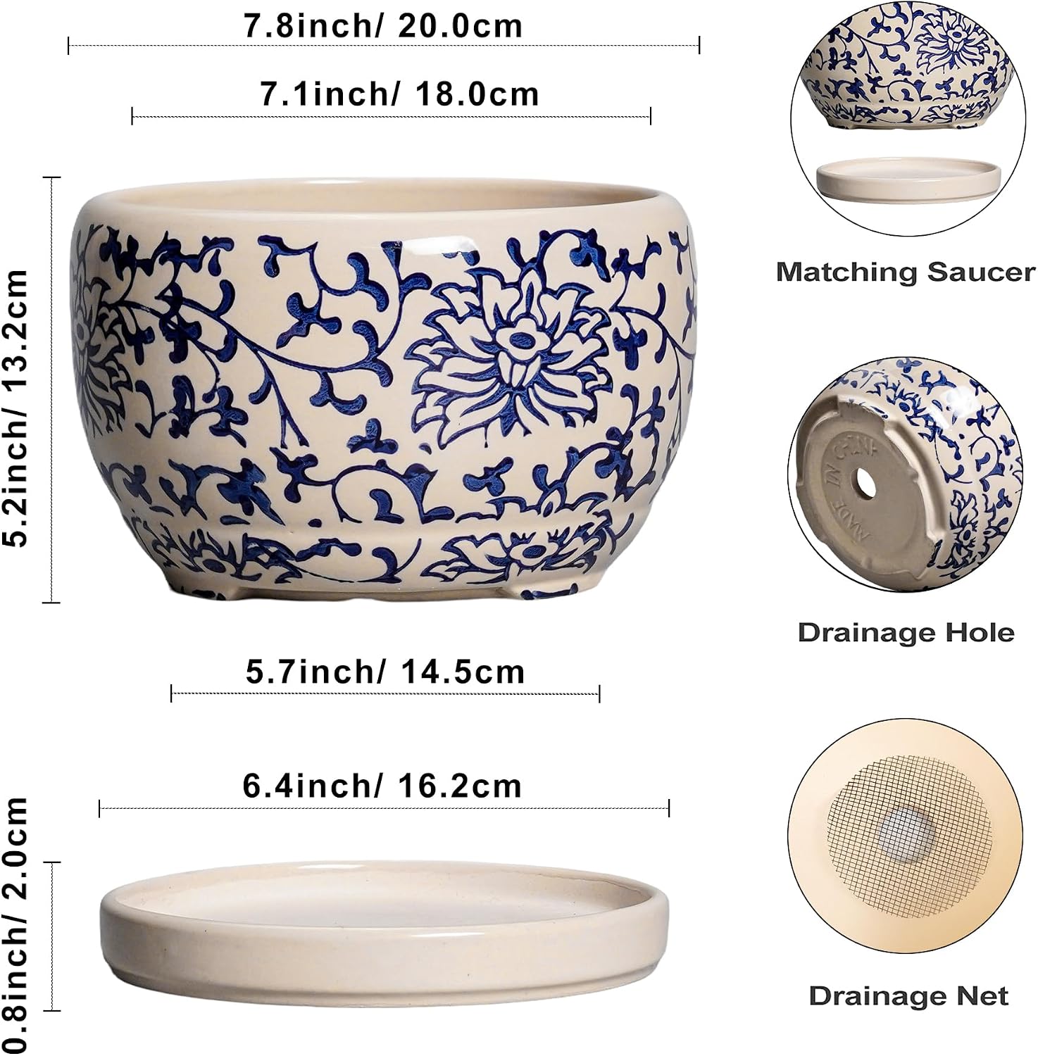 SQOWL Ceramic Planters for Indoor Plants - 8 inch Plant Pot with Drainage Hole and Saucer, Decorative Flower Pot