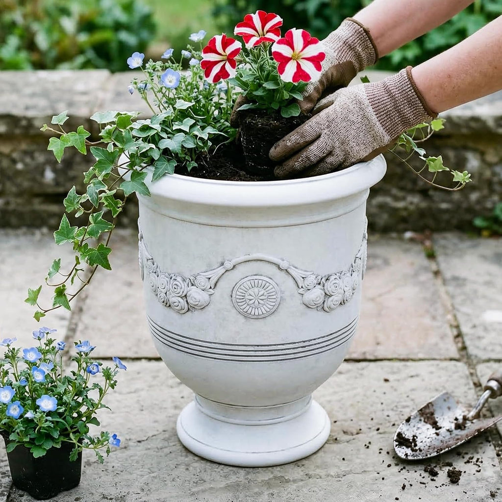 KOL Large Plastic Urn Planter - 16” Dia x 19” H Lightweight Classic Planter Pot with Cement Texture & Drainage Hole