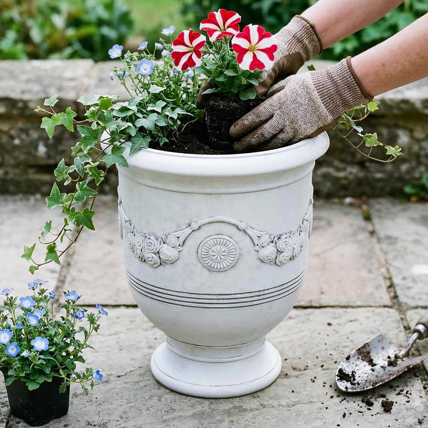 KOL Large Plastic Urn Planter - 16” Dia x 19” H Lightweight Classic Planter Pot with Cement Texture & Drainage Hole