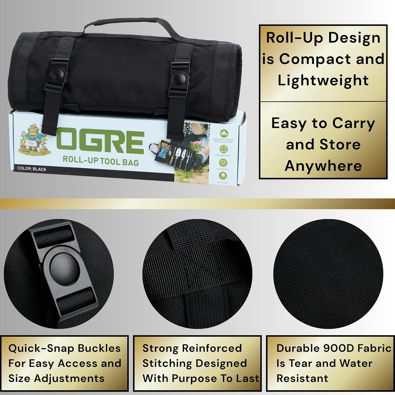 OGRE Roll-Up Garden Tool Bag Only, Heavy-Duty Organizer with 6 Pockets | 900D polyester, water resistant, lays flat