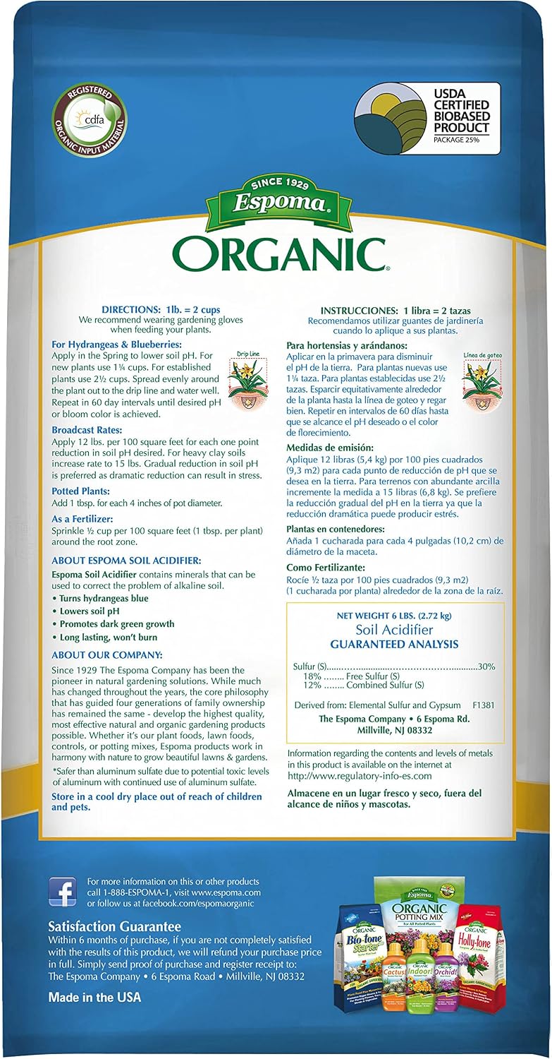 Espoma Organic Soil Acidifier Soil Amendment; Lowers Soil pH and Turns Hydrangeas Blue! Contains Elemental Sulfur and