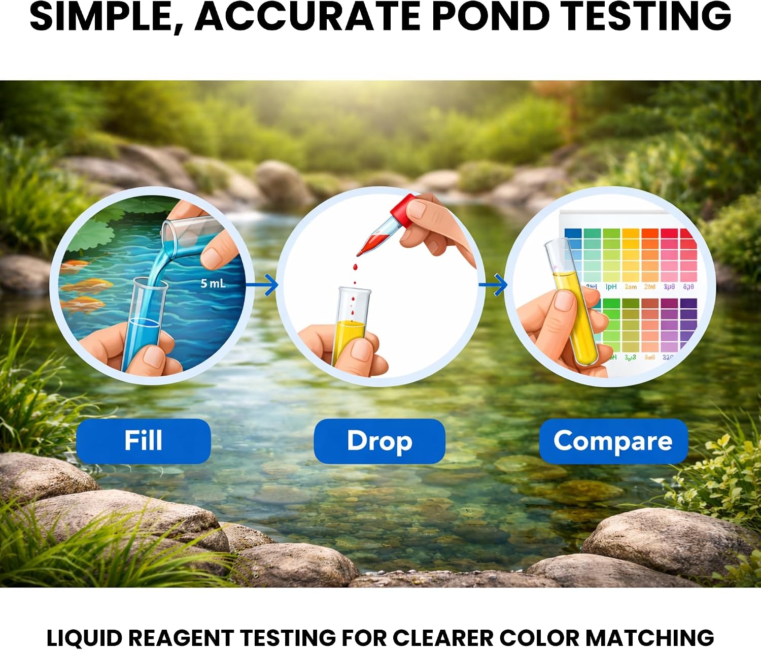 Half Off Ponds 4-in-1 Water Quality Test Kit | 215 total tests, Measures pH and Ammonia, Nitrite, Phosphate, Glass