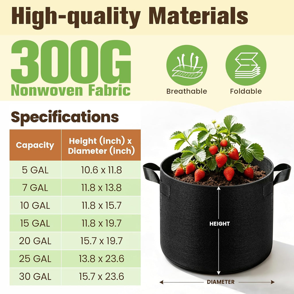 5-Pack 9.9 Gallon Grow Bags, Thickened Nonwoven Fabric Plant Pots with Handles, Heavy Duty 298G Garden Pots for