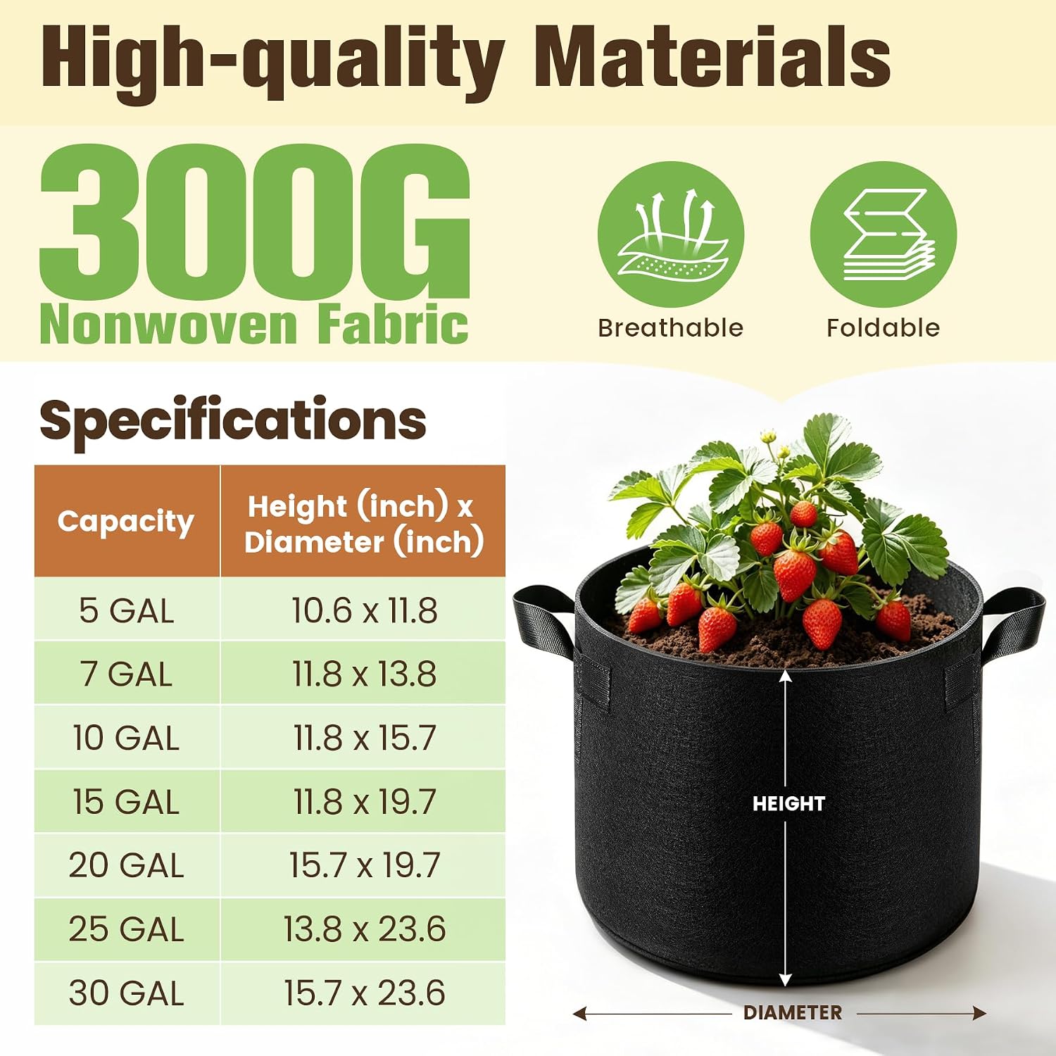5-Pack 9.9 Gallon Grow Bags, Thickened Nonwoven Fabric Plant Pots with Handles, Heavy Duty 298G Garden Pots for