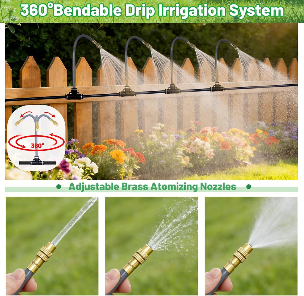 49.2Ft 1/4" Drip Irrigation System 360° Watering Misting System | Garden Bendable Watering Atomizing System with 12
